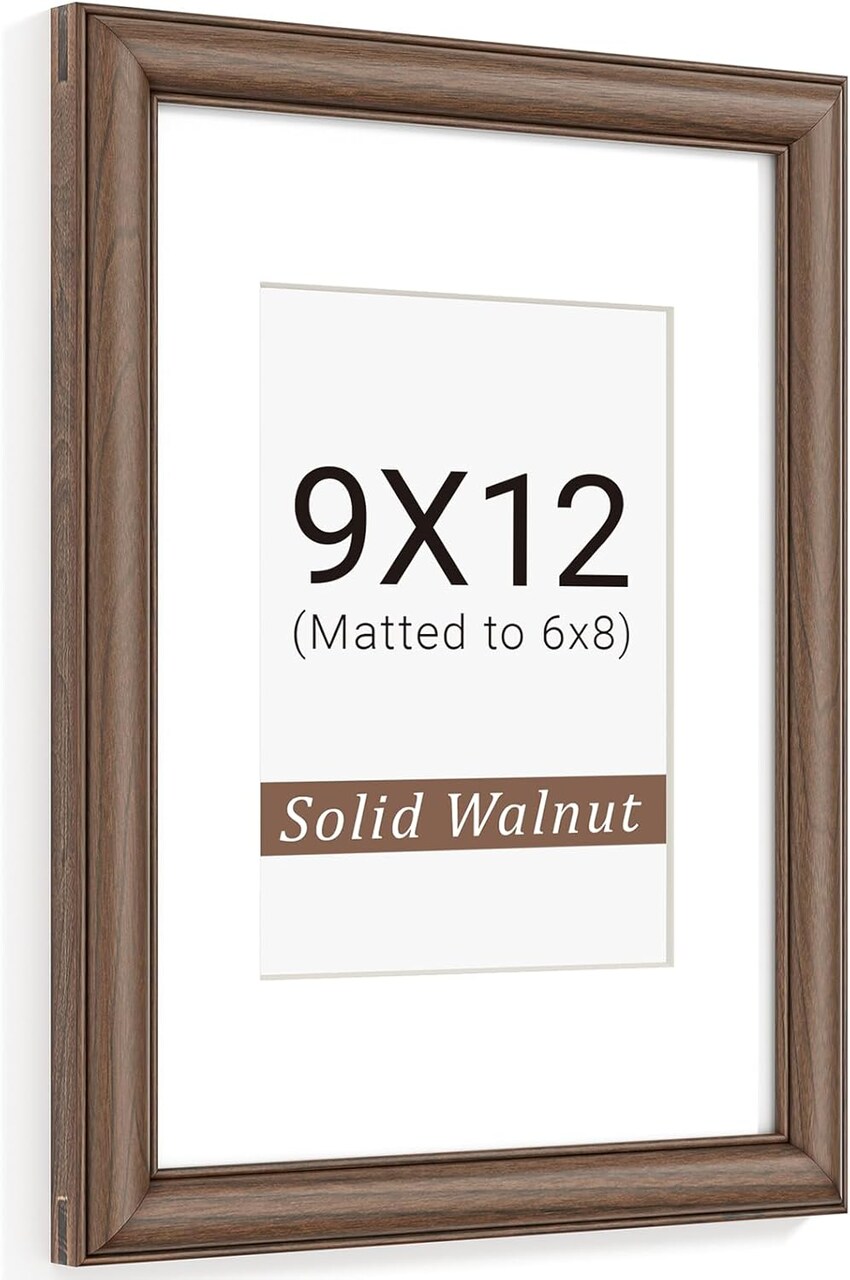 Natural Walnut 9x12 Picture Frames Mat to 6x8 Picture Display,Original Wood Handcrafted Photo Frame,Wooden Frame 9x12 with Tempered Glass Graduation Family Wedding Pictures Tabletop & Wall Decor